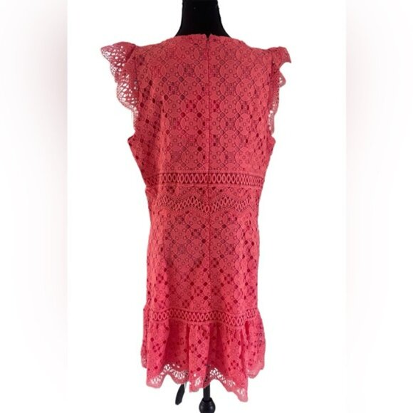 Michael Kors Coral Pink  Lace & Ruffled Mini Dress V-Neck Flutter Sleeves NWT - Picture 4 of 10